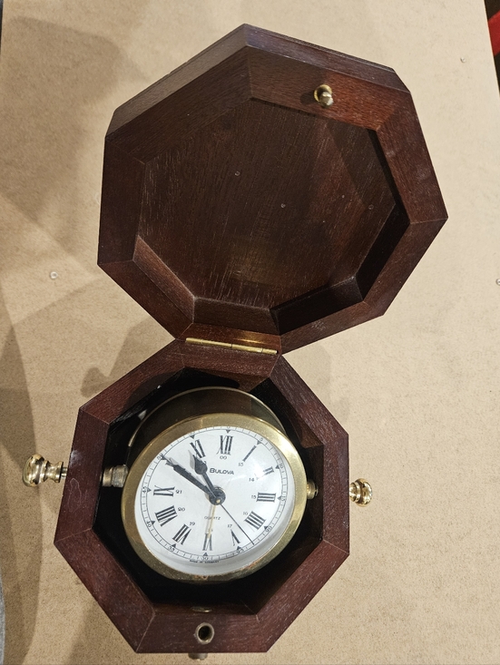 Bulova Other - Bulova Brass Clock in Dark Brown Octagonal Wood Case